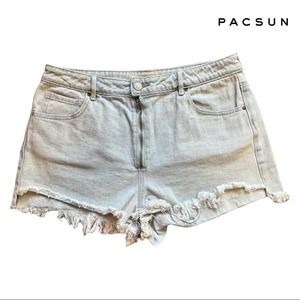 PacSun | High-Rise Frayed Hem Denim Short Shorts - Light Blue Wash